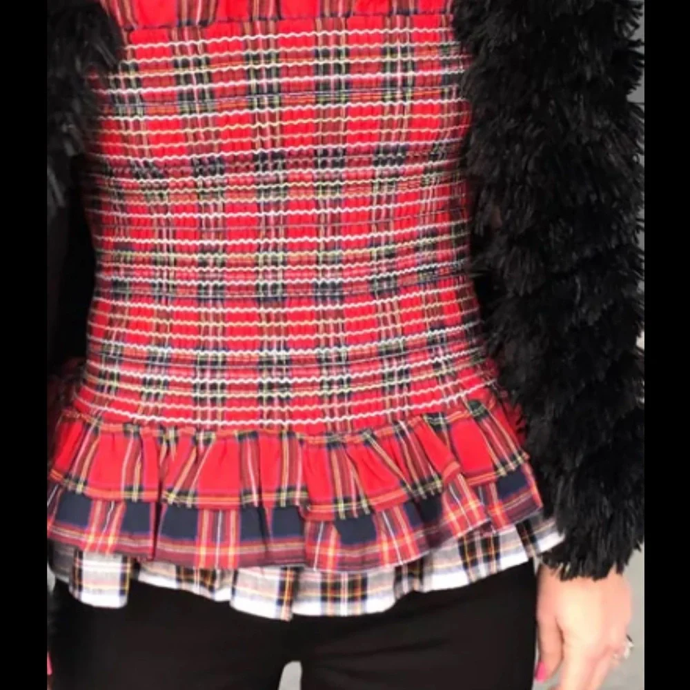 English Factory Red & Navy Smocked Tartan Tiered Ruffle Hem Skirt/top. Sz small - Picture 10 of 14